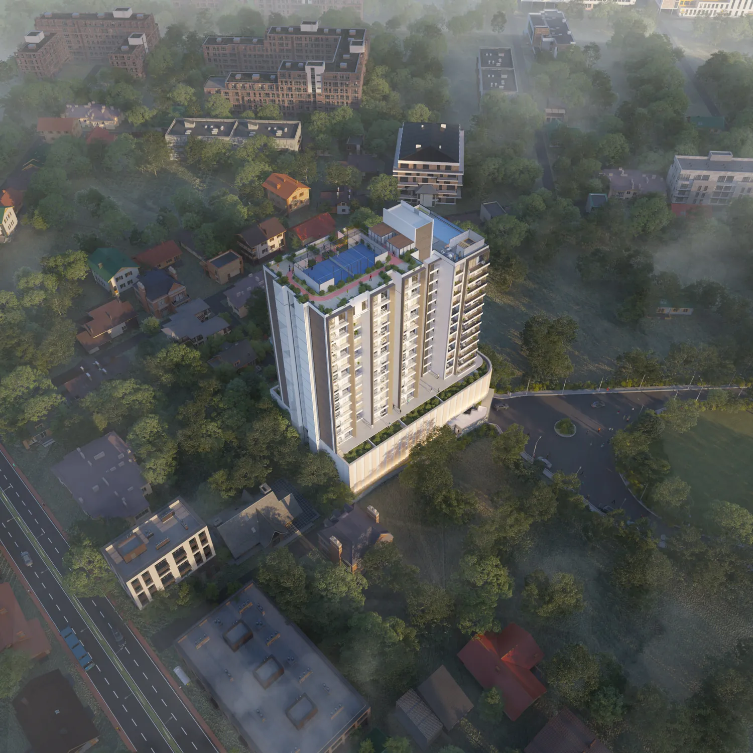 High-rise residences in morning mist
