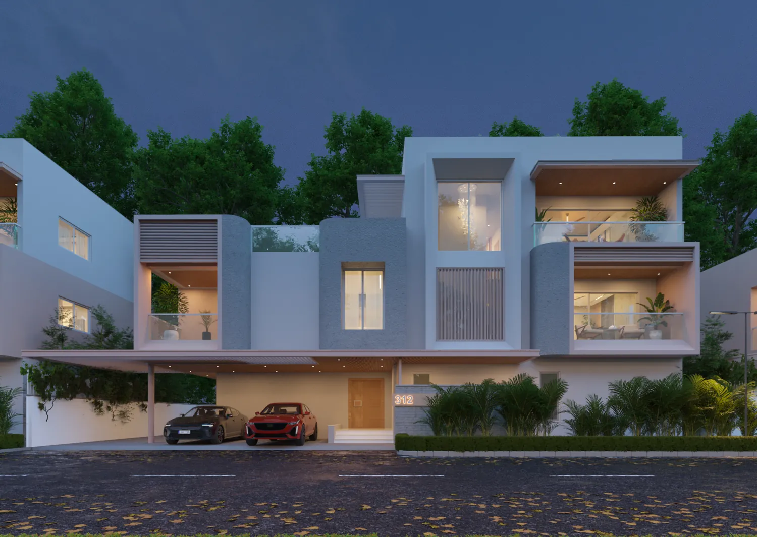 Duplex villa elevation at dusk, warm interior light against a deep blue sky